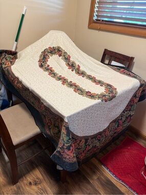 Oval Floral Jacquard Tablecloth in Cream and Multicolor with matching napkins